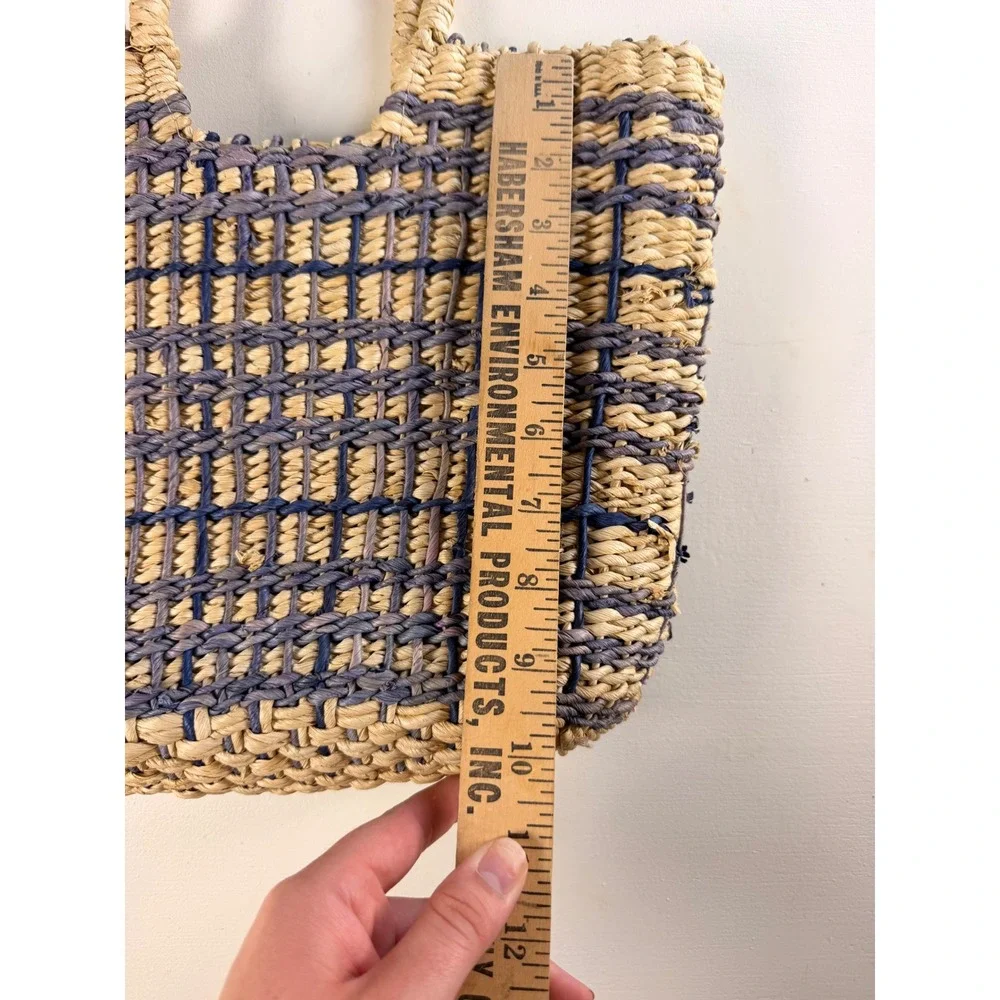Faded Glory Woven Tote Bag Women Medium Tan Excellent Plaid Straw Corn Husk